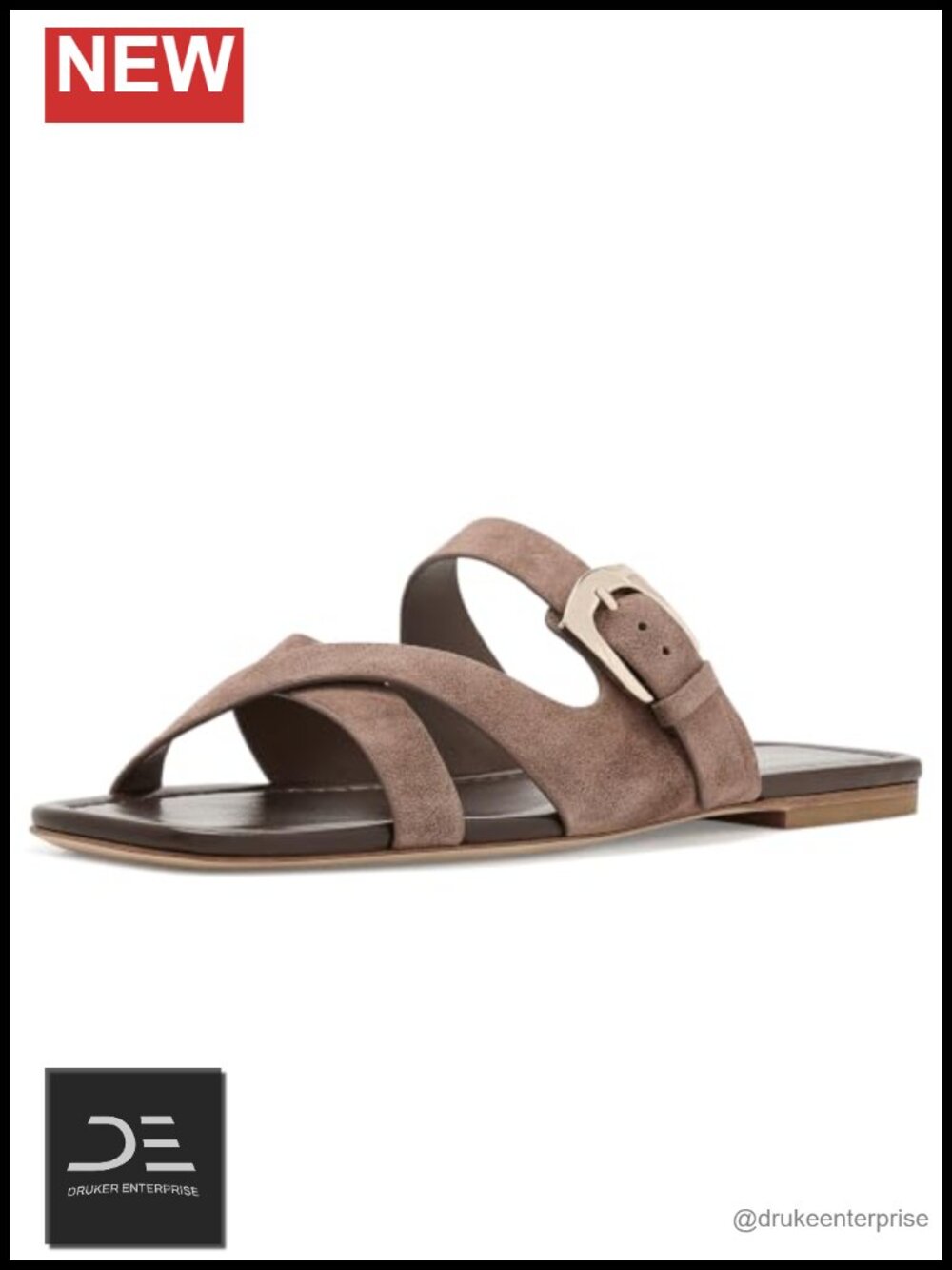 Leather Slide Sandals Adjustable Buckle Square Toe Flat